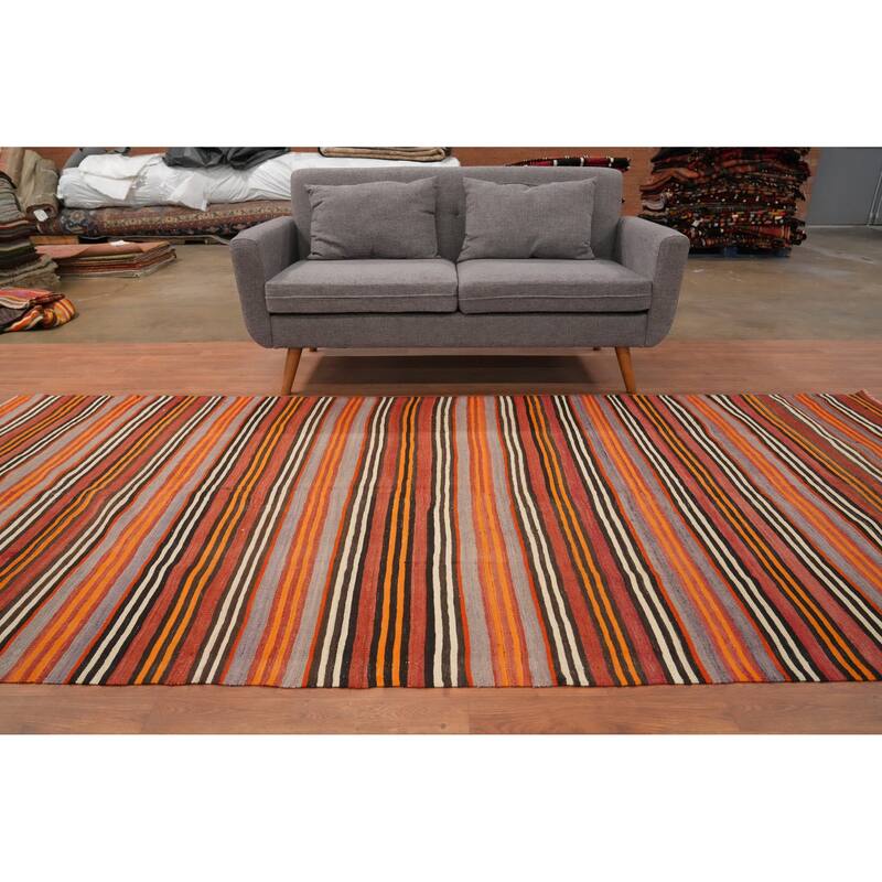 Hand Woven Oriental 100% Wool Carpet Southwestern Geometric Oranges & Rust Kilim Area Rug - 11' 0'' X 5' 1''