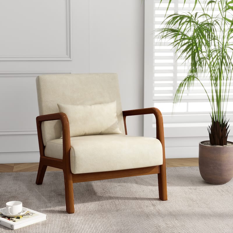 Mid Century Solid Wood Upholstered Accent Chair - CREAM/PU/BROWN WOOD LOW SIDE FRAME