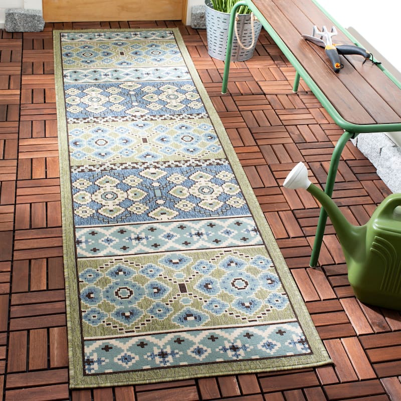 SAFAVIEH Veranda Anneruth Indoor/ Outdoor Waterproof Patio Backyard Rug - 2'3" x 10' Runner - Green/Blue