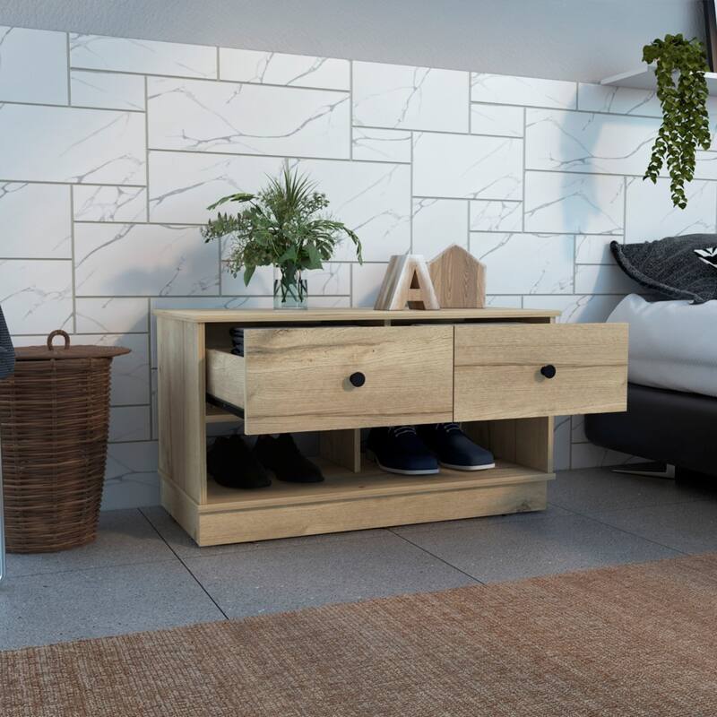 Shoe Cabinet Storage Bench Storage Bench with Open Shelves and Drawers - 35.8"W X 17.9"D X 19.9"H