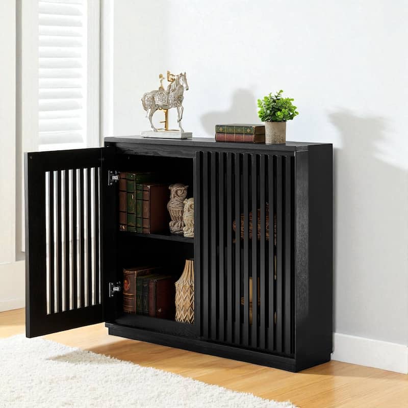 Mid Century Fluted Sideboard Cabinet with Outlet Holes, Solid Wood & MDF Buffet Storage for Entryway Hallway Dining Room.