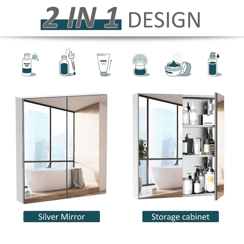 Wall-Mounted Stainless Steel Mirrored Bathroom Cabinet with 3 Shelves for Toiletries and Medicine Storage