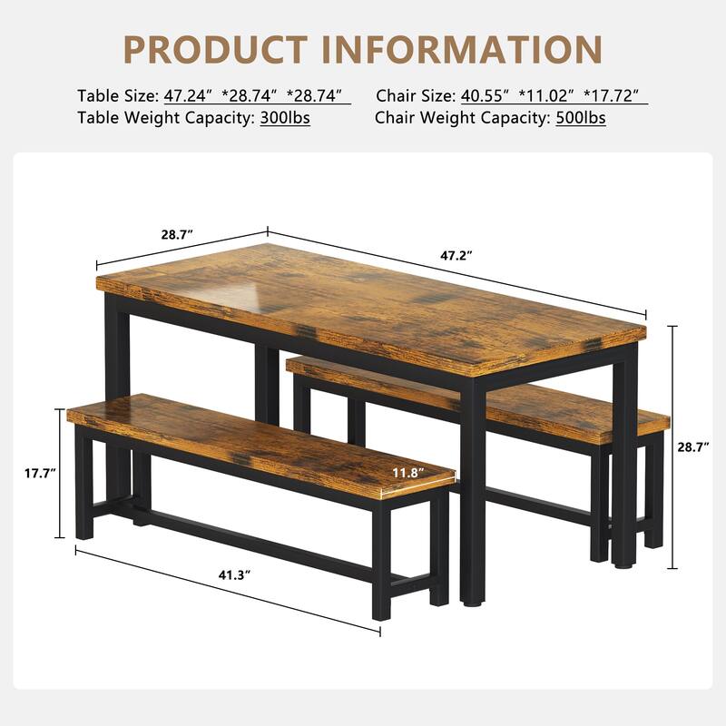 Mieres 3-Piece Dining Table Set with Two Benches, Kitchen Table Set for 4-6 Persons