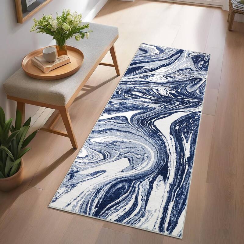 Washable Area Rugs for Living Room, Soft Modern Abstract Rug Non Slip Low Profile Carpets for Bedroom Dining Room - 2'x6' - Navy Blue