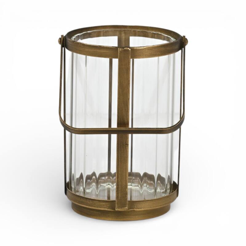 Vortial Fluted Glass Candle Lantern with Gold Metal Frame
