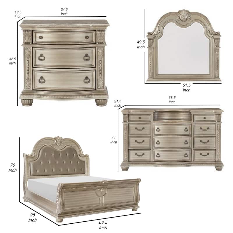 Caitlin Four Pc Queen Bedroom Set, Tufted Faux Leather Headboard, Marble Tops, Silver