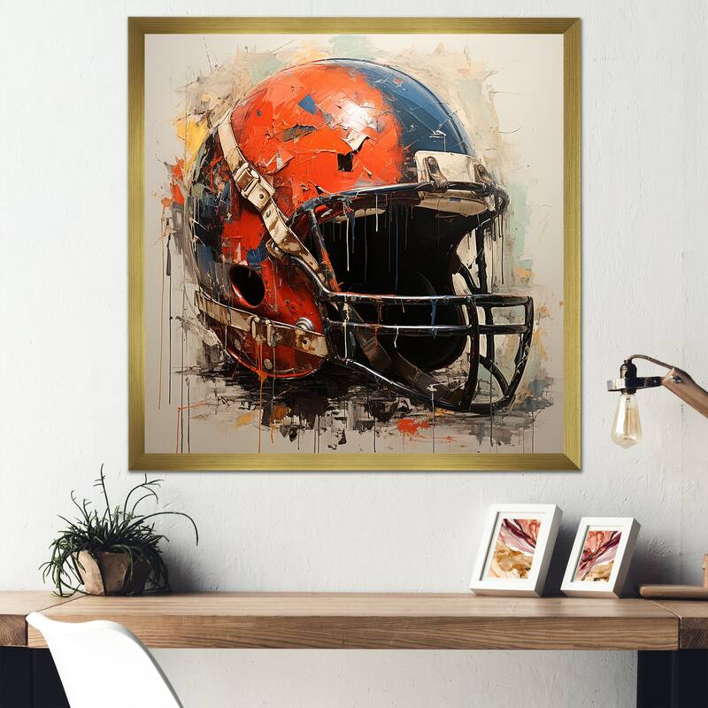 Designart "Minimalist Red Football Helmet II" Sport Football Wall Decor Red Modern Living Room Framed Canvas Art - 36 in. wide x 36 in. high - Gold
