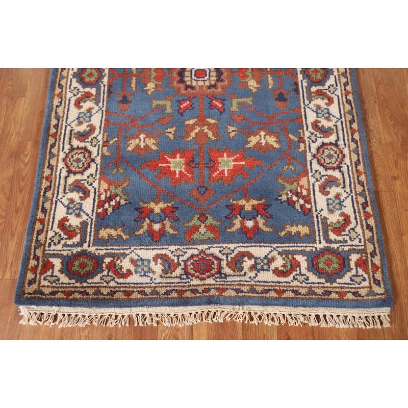 Blue Floral Oushak Indian Area Rug Hand-knotted Wool Carpet - 3'0"x 4'9"