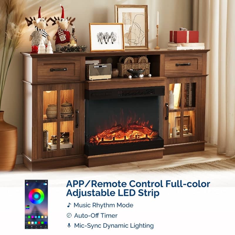 Farmhouse 58'' TV Stand For Tvs Up To 70'' With Electric Fireplace and Adjustable Shelves with Glass Door