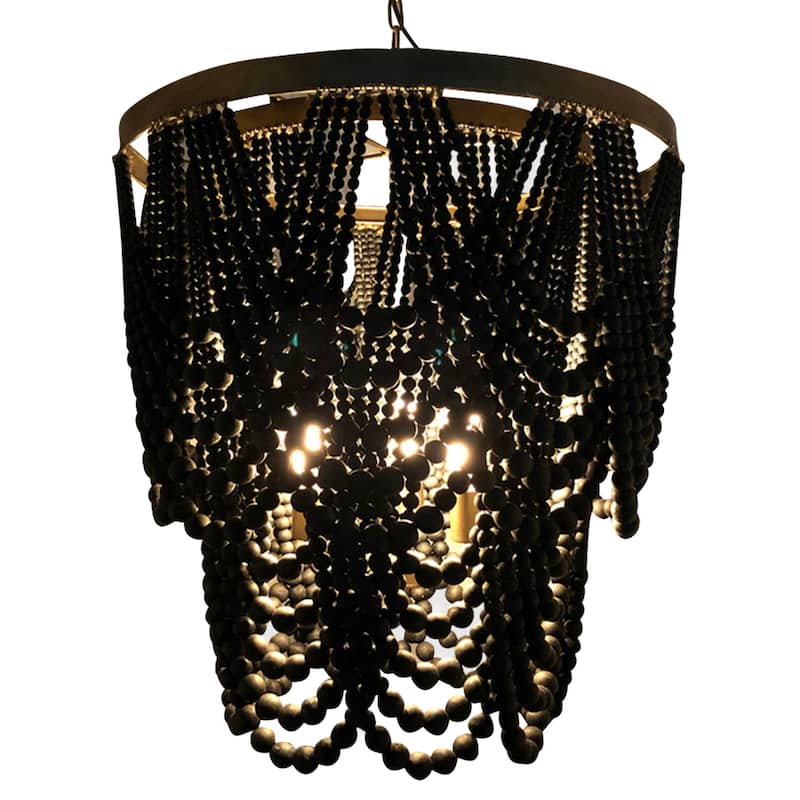 Harp & Finial Pembroke Chandelier - Black Wood Beads - Black, Brass