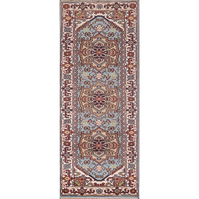 Light Blue Heriz Serapi Oriental Runner Rug Hand-Knotted Wool Carpet - 2'6"x 8'1"