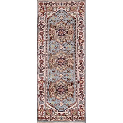 Light Blue Heriz Serapi Oriental Runner Rug Hand-Knotted Wool Carpet - 2'6"x 8'1"