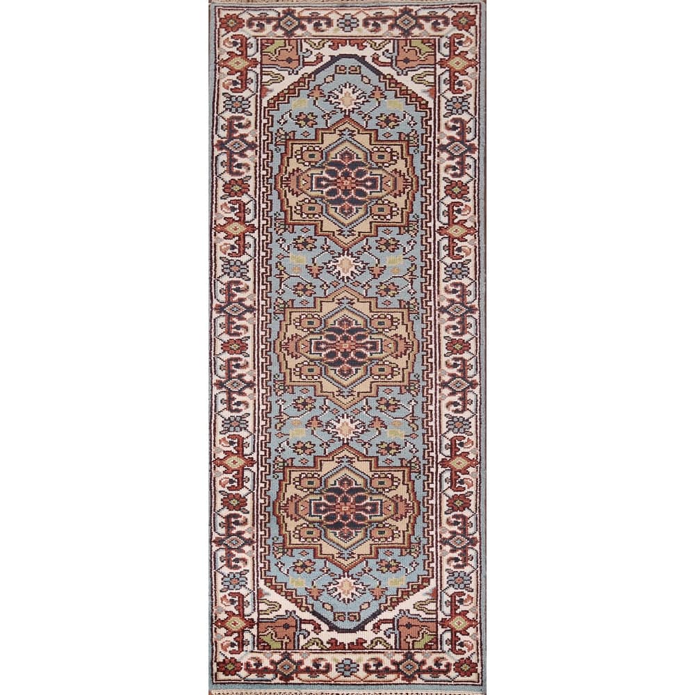 Light Blue Heriz Serapi Oriental Runner Rug Hand-Knotted Wool Carpet - 2'6"x 8'1"