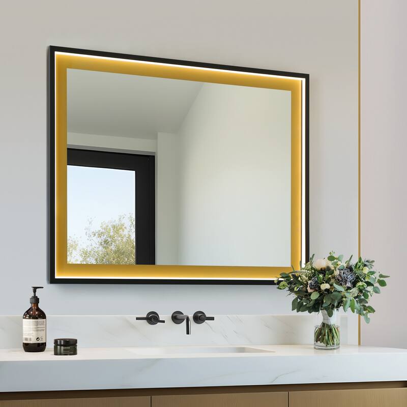 Lunara Modern Matte Black LED Bathroom Mirror with Golden Sand Frame Anti Fog - Black/Gold - L28"xD1"xH36"