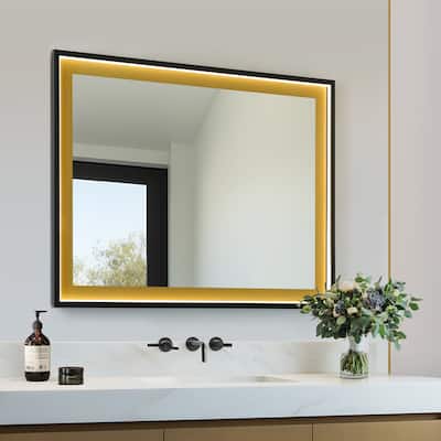 Lunara Modern Matte Black LED Bathroom Mirror with Golden Sand Frame Anti Fog - Black/Gold - L28"xD1"xH36"
