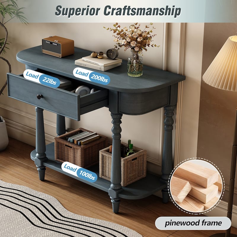Narrow Console Table with Curved Corner, Retro Entryway Table with Top Drawer and Open Shelf