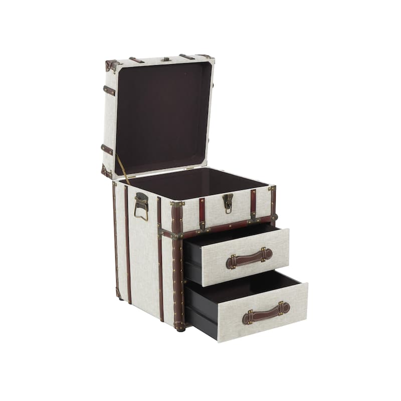 Wooden Vintage Style Storage 2 Drawer Coffee Table with Studs and Brown Faux Leather Accents - Cream - Roche River Decor