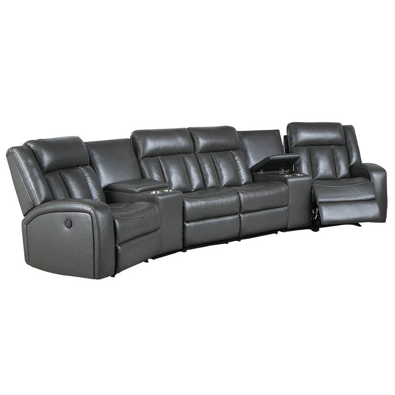 Max 5 Piece Power Recliner Sectional Sofa Set, Vegan Faux Leather, Gray - Grey