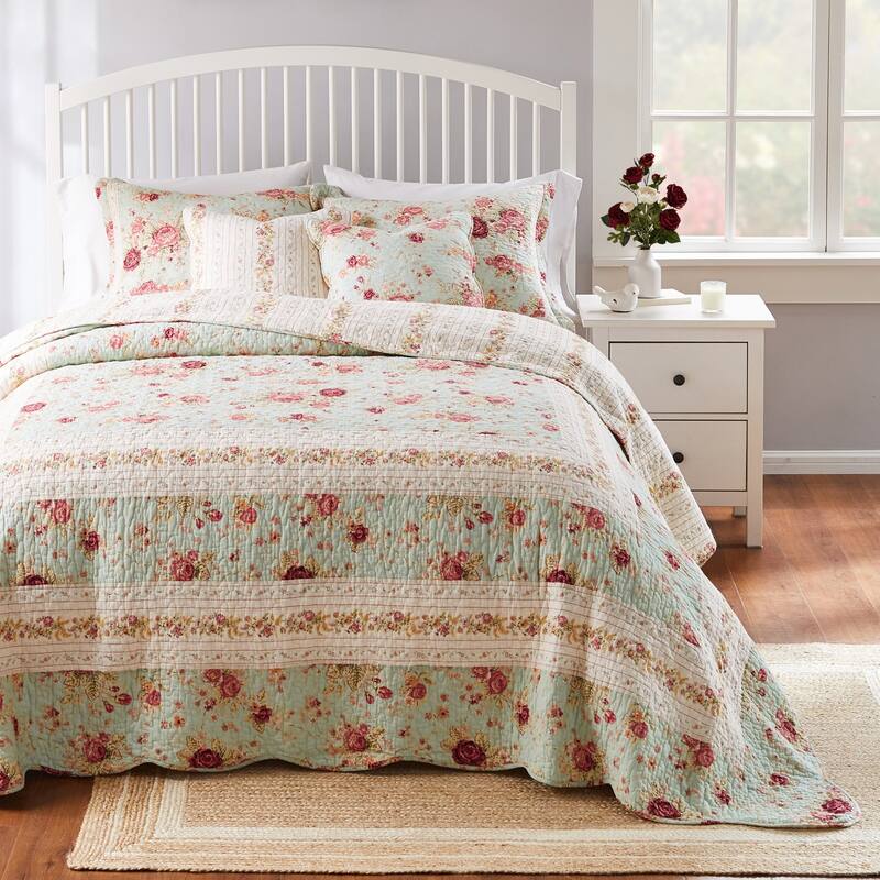 Greenland Home Fashions Antique Rose 100% Cotton Pieced Frame Reversible Bedspread Set