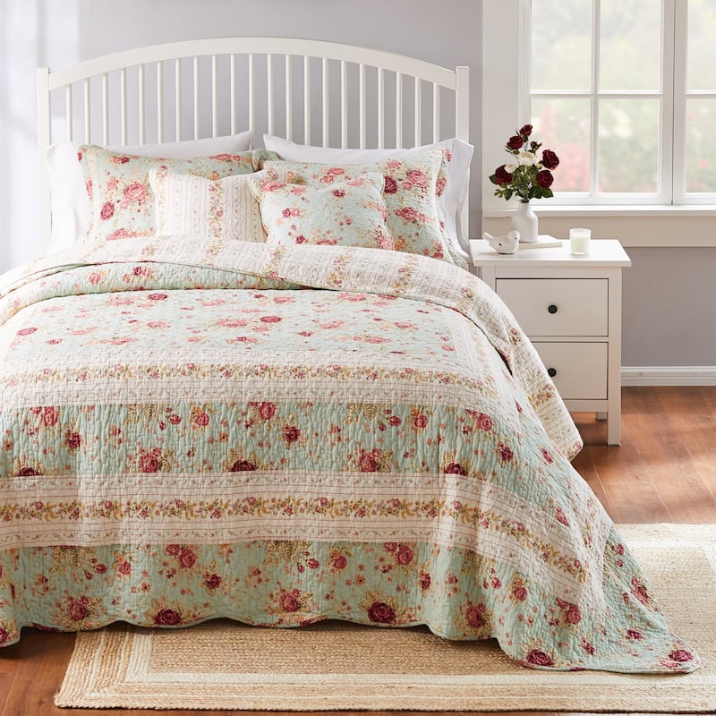 Greenland Home Fashions Antique Rose All-Cotton Reversible Quilt Set ...