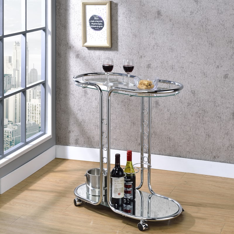Daxton Modern Chrome Glass Top Serving Cart with Casters by Furniture of America