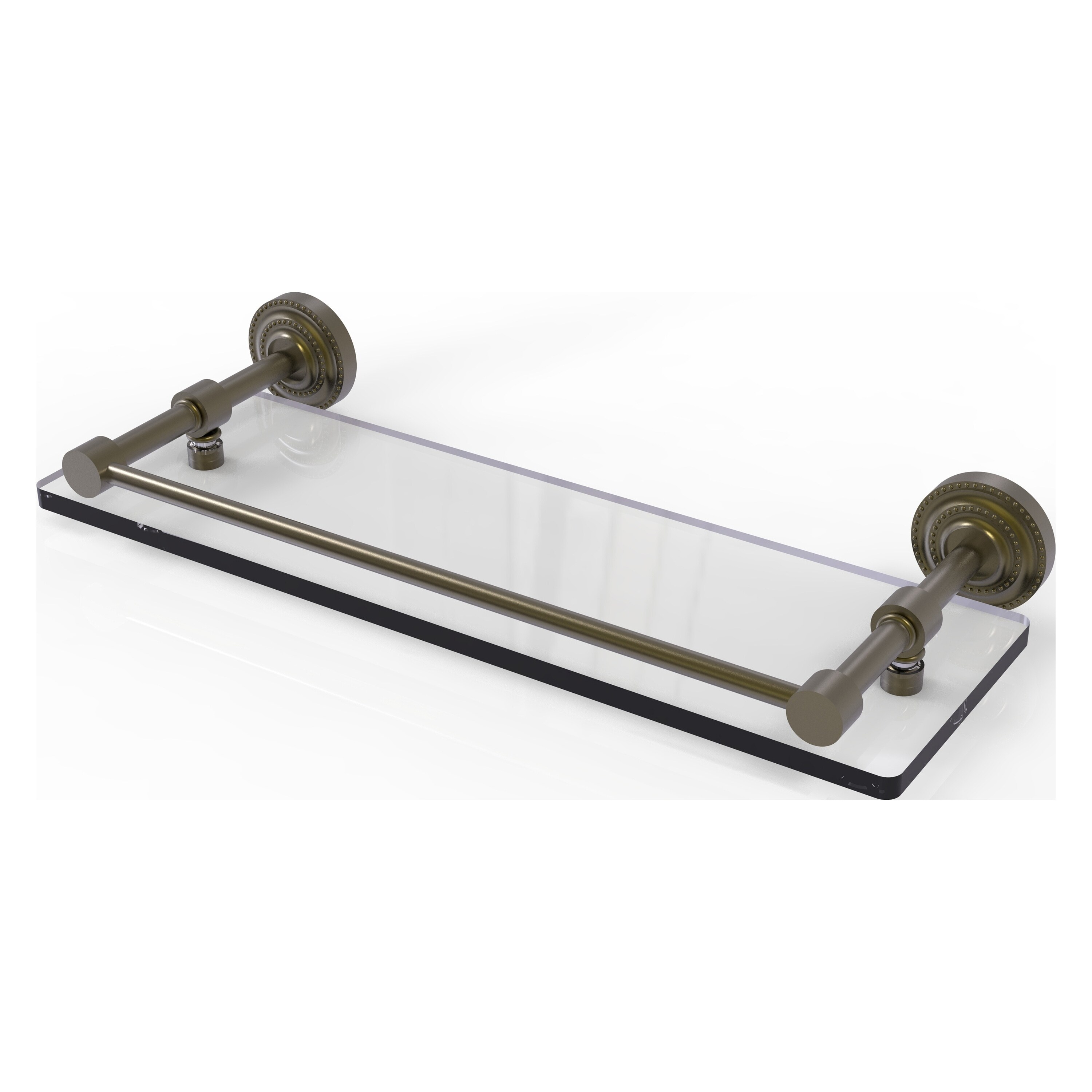 Dottingham 16 in. L x 8 in. H x 5 in. W 2-Tier Clear Glass Bathroom Shelf with Gallery Rail in Polished Nickel Dottingham 16 in. L x 8 in. H x 5 in. W 2-Tier Clear Glass Bathroom Shelf with Gallery Rail in Polished Nickel