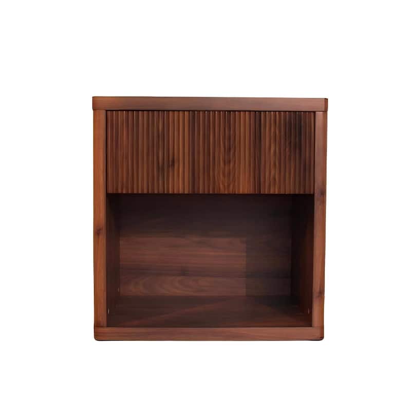 Fluted Bed Side Table End Table Nightstand with Drawer, Corner Table Walnut Lamp Table with Open Shelf