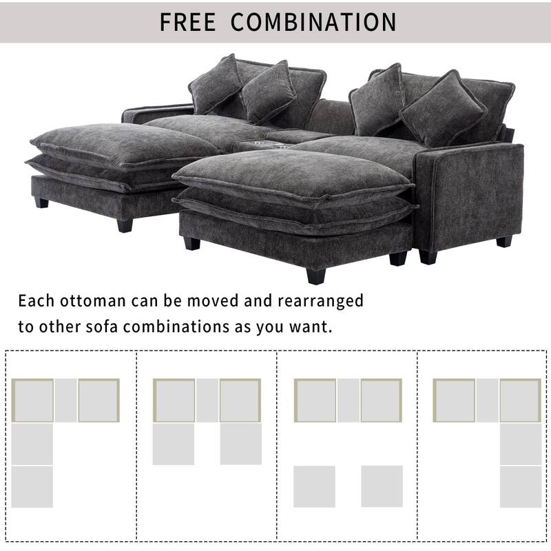 111" Chenille Upholstered Sectional Sofa with 2 Ottomans and 2 USB Ports, 2 Cup Holders