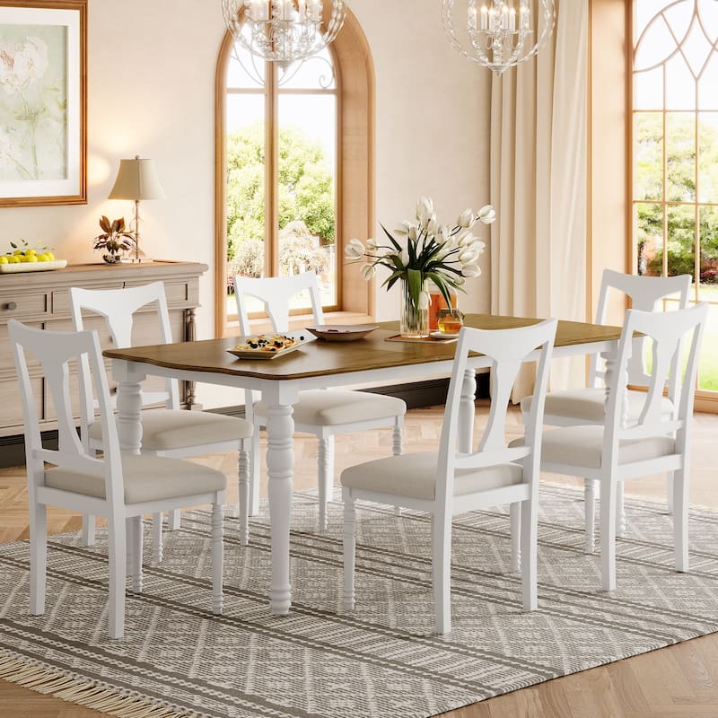 7-Piece Extendable Dining Table Set, Wood Table with Removable Leaf, Kitchen Dining Set with 6 Upholstered Chairs - Natural+White