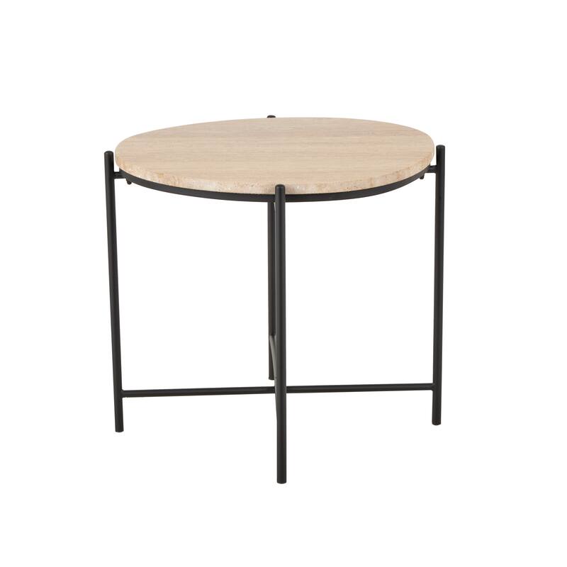 Marble Round Accent Table with Black Metal Support - Beige - Roche River Decor - 16"W x 19"L x 20"H
