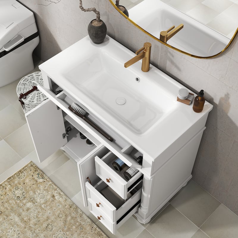 28"/36" Bathroom Vanity with Sink, Integrated Ceramic Basin Vanity Cabinet with Roman Column Base, Solid Wood Frame