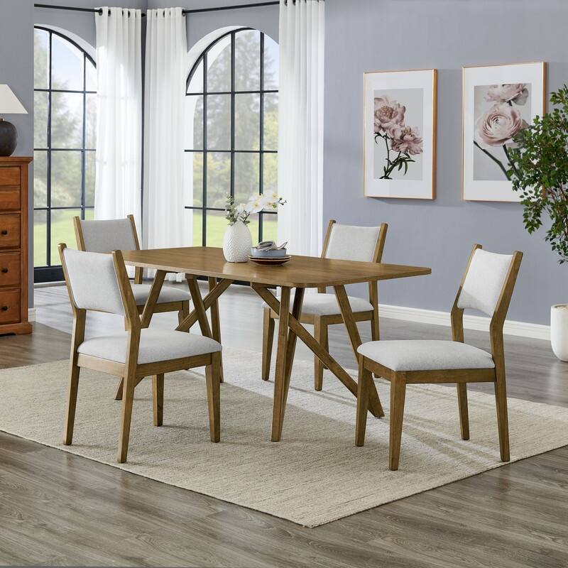 Darla 5Pc 70"W Rectangular Walnut Oak Geometric Cross Base Dining Set