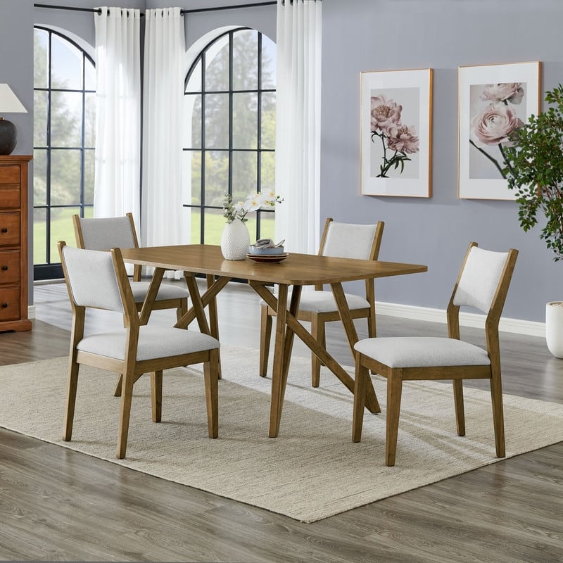 Darla 5Pc 70"W Rectangular Walnut Oak Geometric Cross Base Dining Set