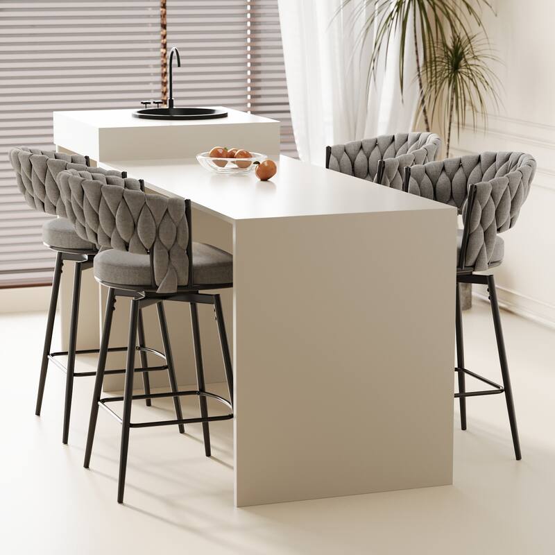360° Swivel Bar Chairs Set of 2, with Upholstered Woven Backrest, Pub Chairs wMetal Leg Footrest Bar Chairs Bar Seating