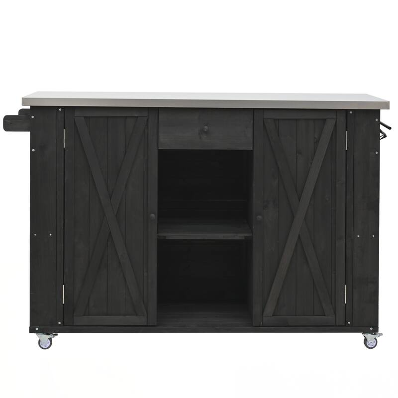 Outdoor Kitchen Island Fir Wood Kitchen Island with Stainless Steel Top, Ample Storage Space, Towel and Spice Racks
