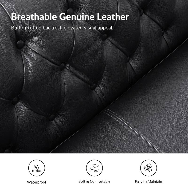 Eugène Transitional Genuine Leather Tufted Design Sofa with Solid Wood Legs by HULALA HOME