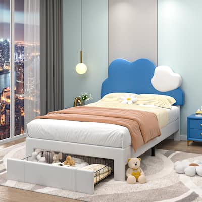 VECELO Twin Bed Upholstered Bed Frame with Storage Drawer, Platform Kids Bed Frames with Cloud-Shaped Headboard