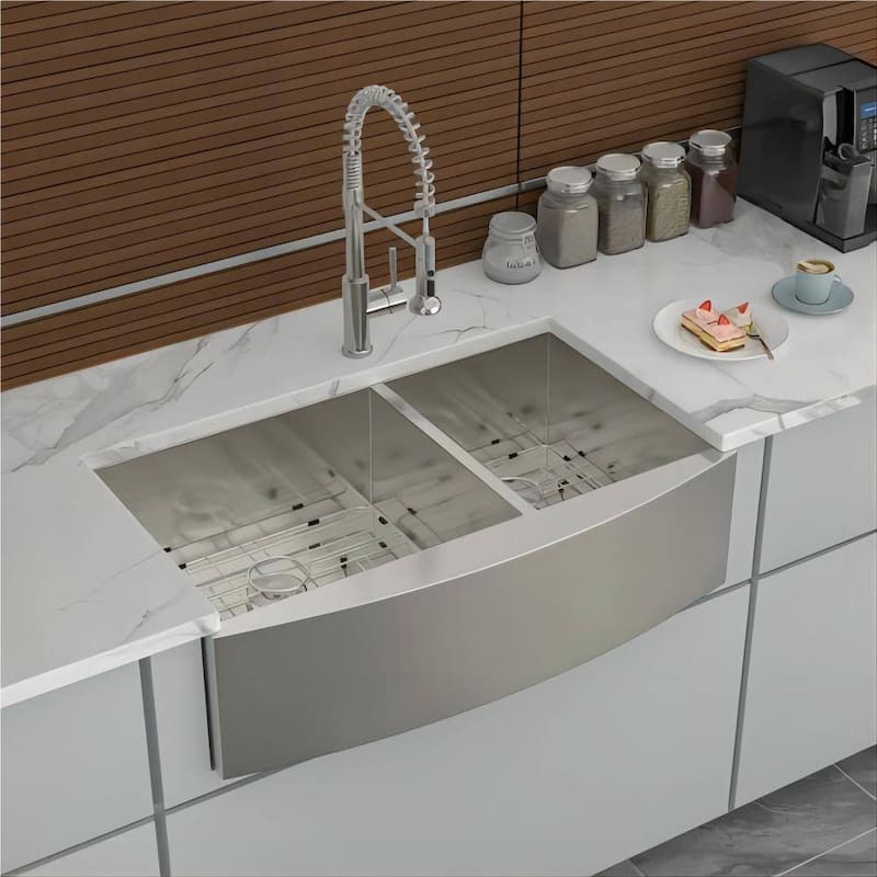 33 in 36 in Double Bowl Farmhouse 18 Gauge Apron Front Kitchen Sink