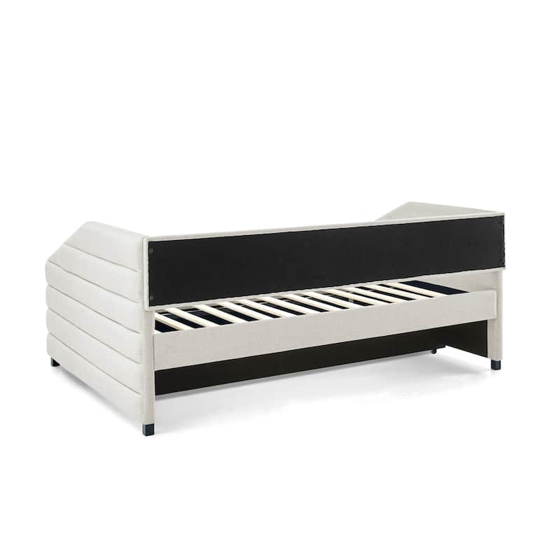 Linen Fabric Upholstered Daybed with Pull-Out Trundle or Storage Drawers, Tufted Sofa Bed Frame with Wood Slat Support