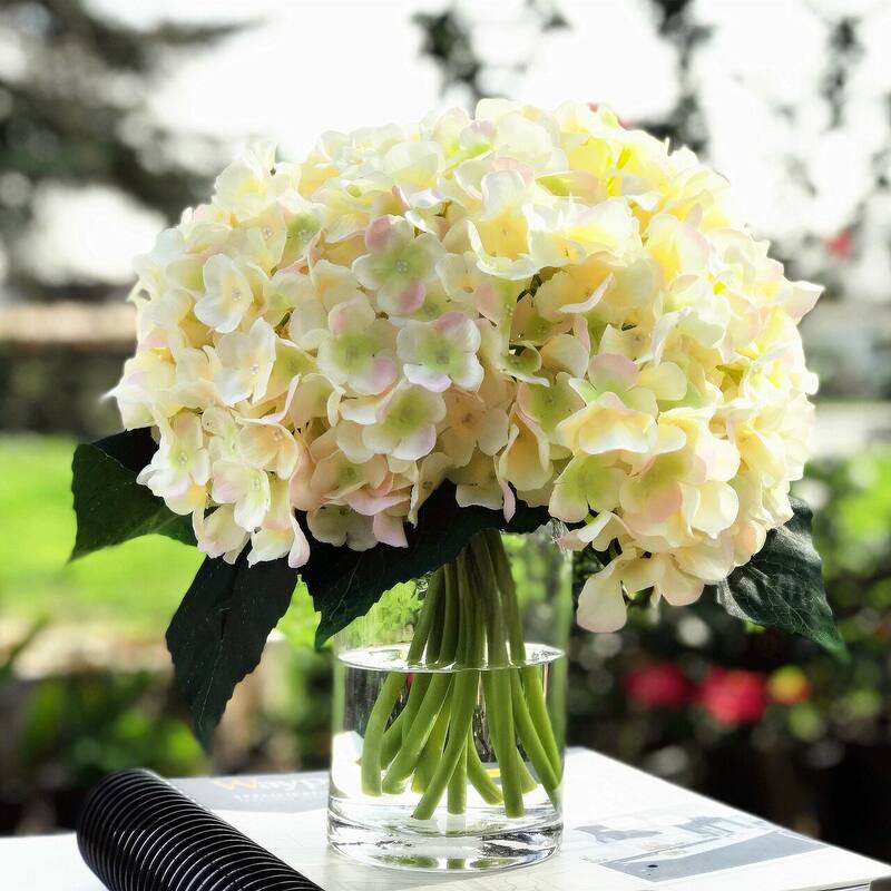 Enova Home Blush Artificial Silk Hydrangea Fake Flowers Arrangement in Clear Glass Vase with Faux Water for Home Decoration - Blush
