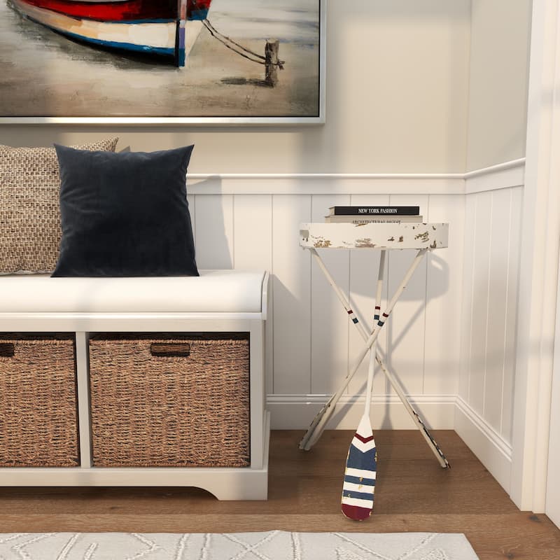 Metal Paddle Distressed Striped Accent Table with Navy and Red Striped Oar Legs - White - Roche River Decor