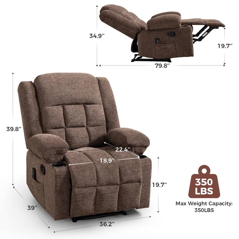 Ebello Manual Recliner Chair with Massage and Heat, Fabric Recliner with Cup Holders & Storage Pockets, Lounger for Living Room