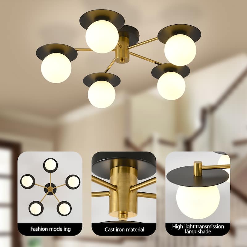 Sputnik Matte Black and Gold 5-Light Semi Flush Mount Light - Matte Black + Gold