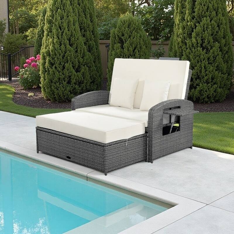 Outdoor Double Reclining Chaise Lounge with Cushions and Waterproof Cover, Adjustable Backrest and Hidden Footrest Storage - White