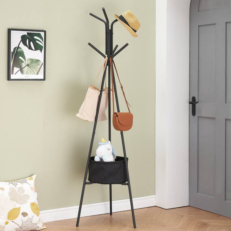 Javlergo Coat Rack, Freestanding Coat Rack with 6 Hooks and one Storage Basket Tree Coat Racks for Bedroom, Hallway