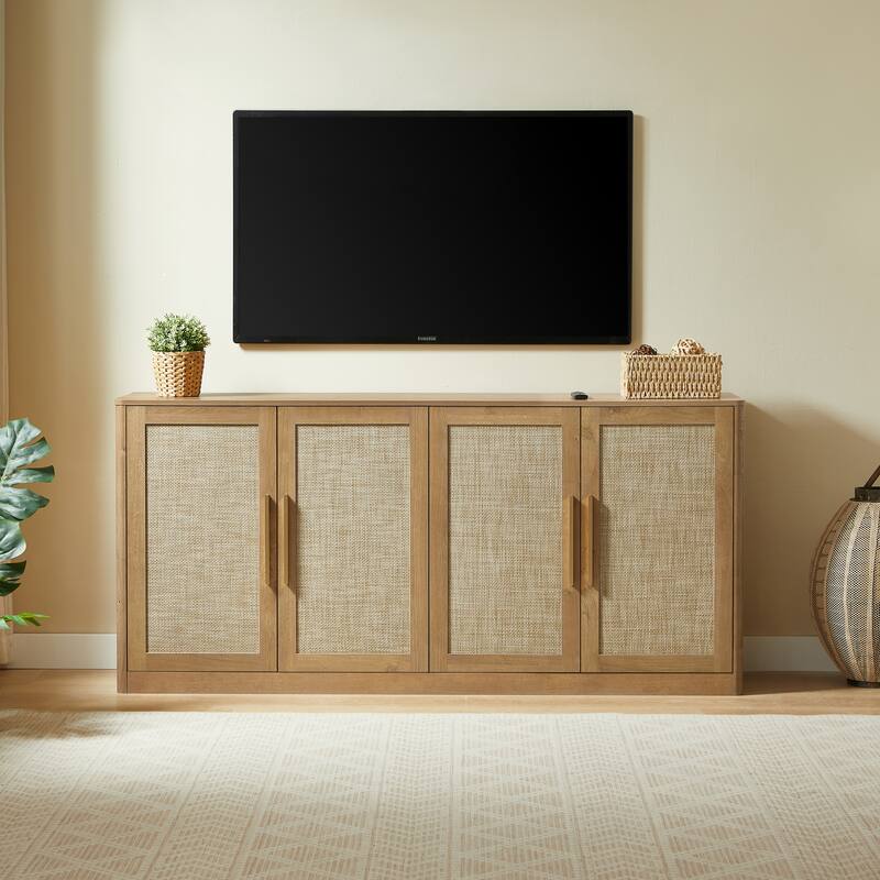 67" Rattan 4-Door Buffet Cabinet, Large Boho Sideboard Credenza for Living Room or Kitchen