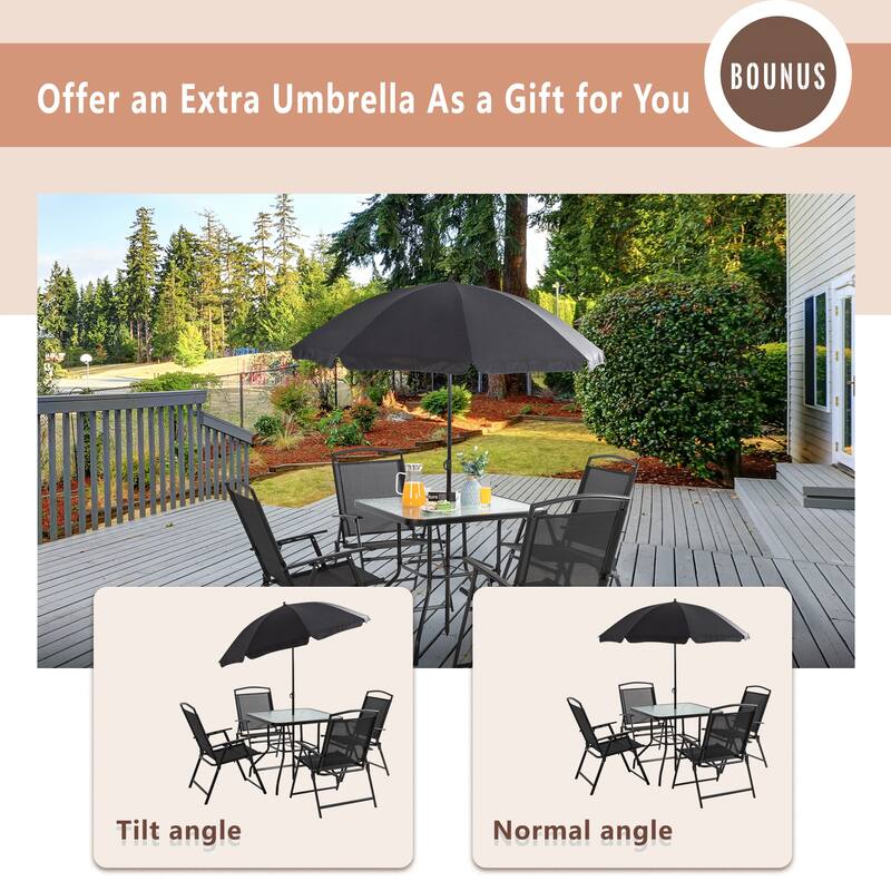 Futzca Folding Patio Dining Set, Garden Patio Furniture Set with Umbrella, Glass Table and 4 Folding Chairs