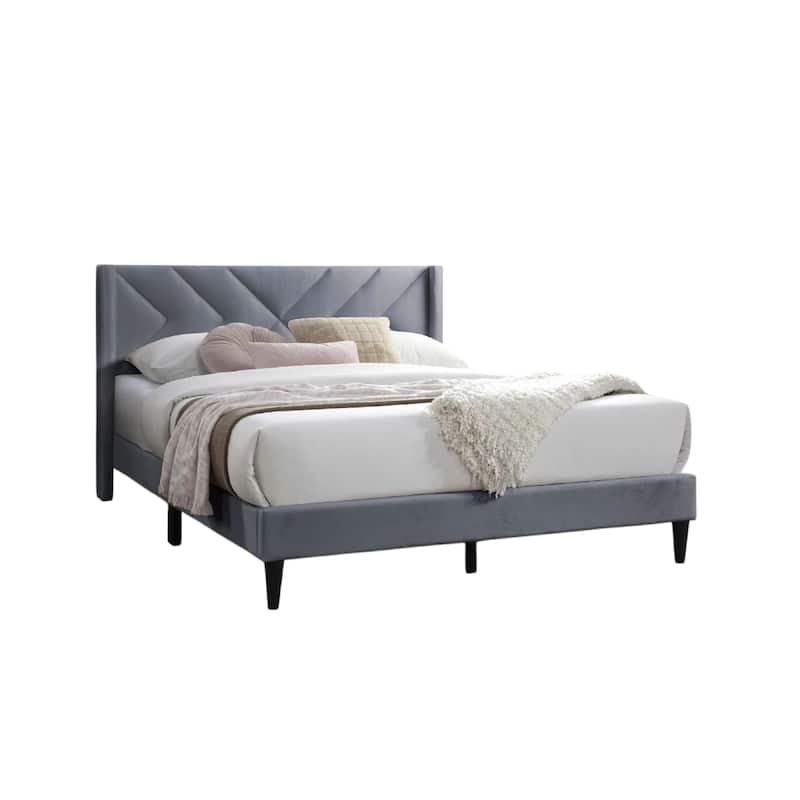 Niasa Full Size Bed, Chevron Tufted Gray Velvet Upholstered Foam
