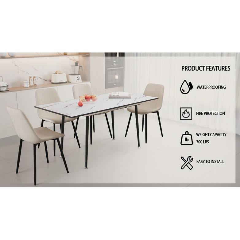 Scalable modern dining table and chair set, for 2-6 people, 4-piece set, medieval dining table set, metal base and linen chair