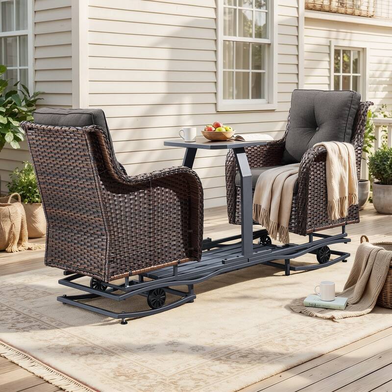 Pocassy Outdoor Patio 2-Person Swing Glider Chair - Brown Wicker Gray Cushion - 2-Person Glider Chair